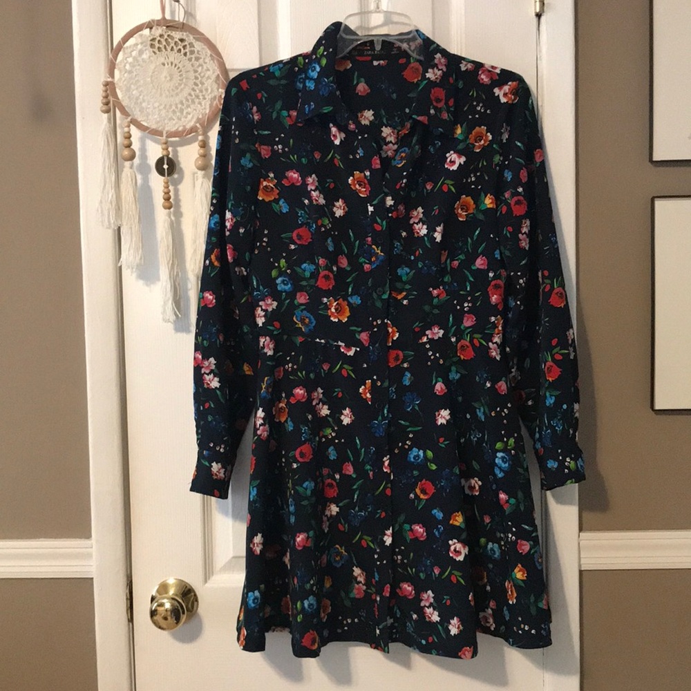 Zara Floral Long Sleeve Dress - Black and Multicolor